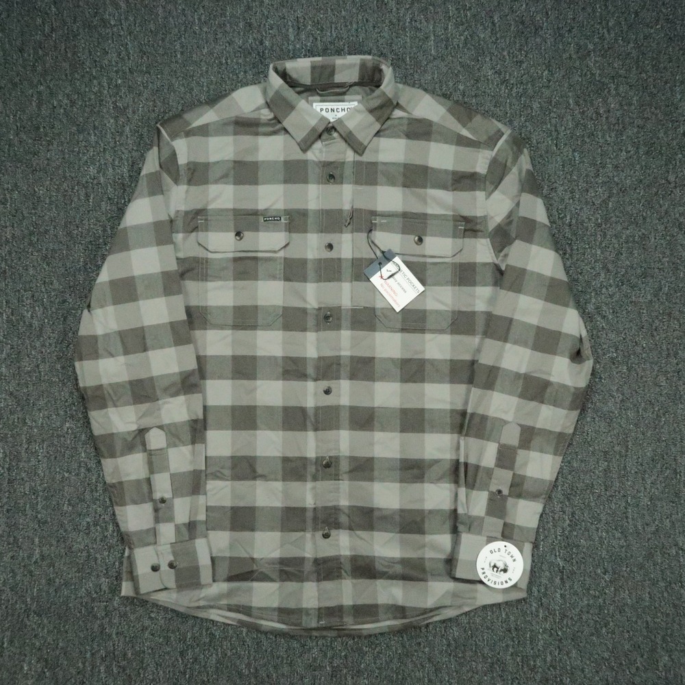 Poncho Shirt Mens Medium Gray Plaid Long Sleeve Slim Stretch Fishing Magnetic
